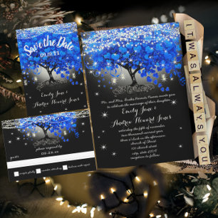 Invitation Tout En Un Élégant Royal Blue Heart Leaf Tree Mariage tout en
