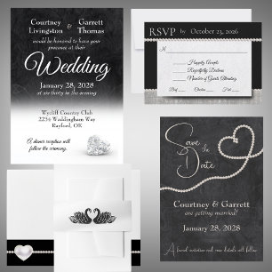 Invitation Diamond Heart Elegance Mariage noir & blanc