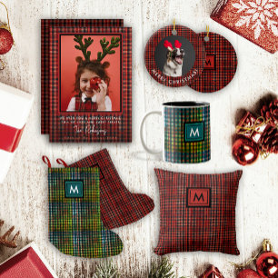 Petite Chaussette De Noël Scottish Red Tartan En vichy Motif noir Monogramme