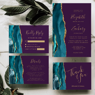 Moderne Teal Goud Agate Paarse Bruiloft Kaart