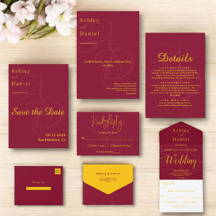 Invitation Mariage Élégant Minuscule Bourgogne Et Monogramme 