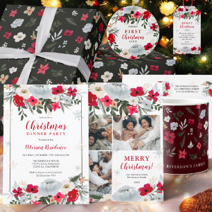 Papier Cadeau Élégant motif floral rouge de Noël