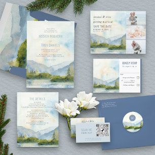 Invitation Mariage d'arbre à pin d'aquarelle du lac Mountain