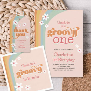 Invitation Girl's Groovy One Retro Daisies 1st Birthday