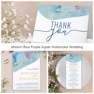 Invitation Aquarelle Bleu Agate avec Mariage à huile or
