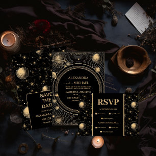 Sticker Rond Mariage de galaxie céleste d'or noir mystique