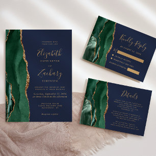 Carte D'accompagnement Emerald Green Gold Agate Navy Blue Mariage Détails