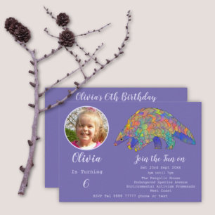 Invitation Pangolin Party Girls 6e anniversaire Photo violet
