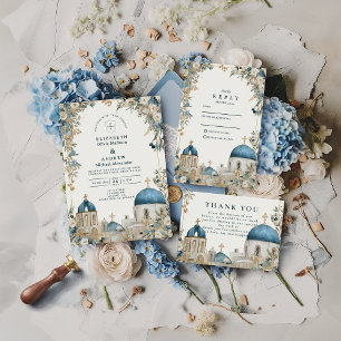 Invitation Mariage botanique aux dômes bleus de Santorin