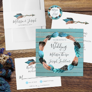 Cartons Réponse Plumes rustiques en bois turquoise Arrow Wedding R