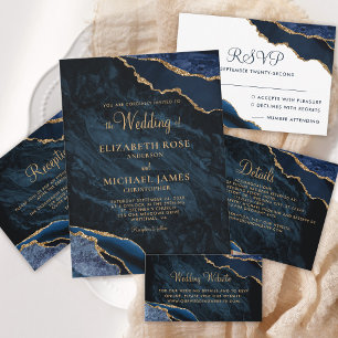 Carte D'accompagnement Marine Blue Gold Agate Marbre Détails du Mariage
