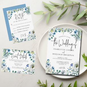 Invitation Bleu Blanc Peony Floral Chic Spring Garden Mariage