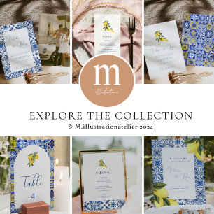 Invitation Carrelage bleu méditerranéen et mariage d'agrumes
