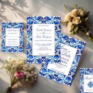 Invitation Vintage Talavera Azulejo carreaux bleu mariage