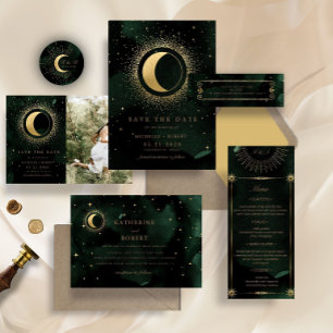 Invitation étoile céleste de minuit vert or étoiles Mariage