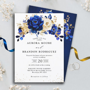 Invitation Tout En Un Royal Bleu Jaune Or Mariage métallique Floral