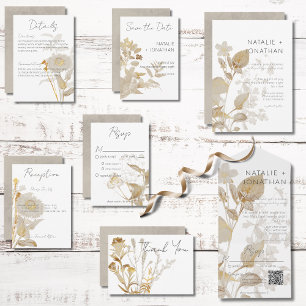 Invitation Tout En Un Code QR moderne neutre Tan Fleur sauvage