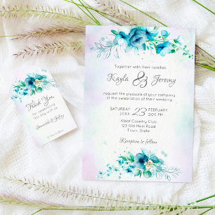 Invitation Bleu turquoise vert fleurs mariage