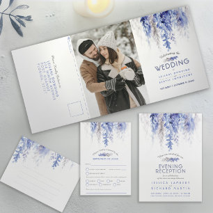 Invitation Trois Volets Vignes d'automne bleu gris aquarelle mariage tout-