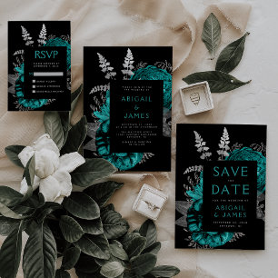 Invitation Élégant Moody Dark Floral Turquoise Mariage argent
