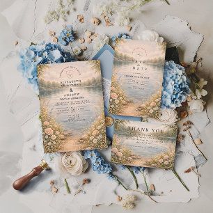 Invitation Mariage romantique au bord d'un lac fleuri en forê