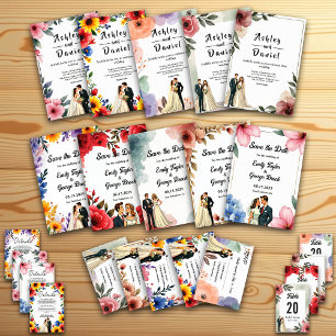 Invitation Aquarelle Floral Romantique Couple Élégant Mariage