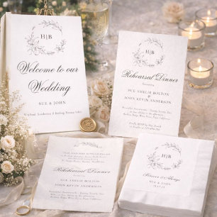 Serviette En Papier Couronne Florale Classique Monogramme Mariage