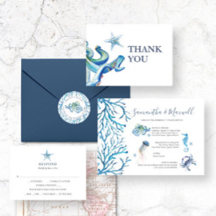 Invitation Aquarelle bleu de mariage sur la plage illustrée