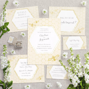 Honey Bee Cream Gold Custom Wedding Invitation