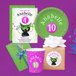 Sticker Rond Cute Girl Chat Noir Rose Parties scintillant Vert 