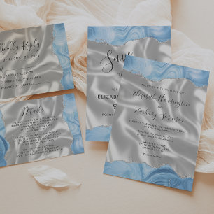 Save The Date Bébé Bleu Argent Agate Bleu Soie blanche Enregistr