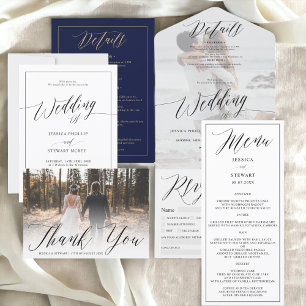 Invitation Elégant bleu marine or tout en un script mariage