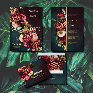 Invitation En Aluminium Dark Moody Bold Floral Marsala Enregistrer La Date