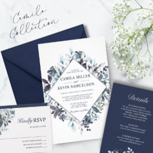 Invitation Aquarelle Dusty Blue Navy Floral Mariage