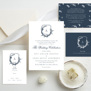 Cartons Réponse bleu marine classique florales monogramme mariage 