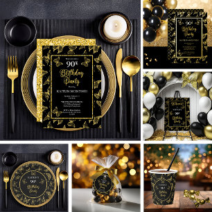 Invitation Elégante Black Gold Butterflies 90e fête d'anniver