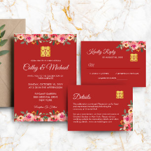 Invitation Red peony floral Chinese wedding double happiness 
