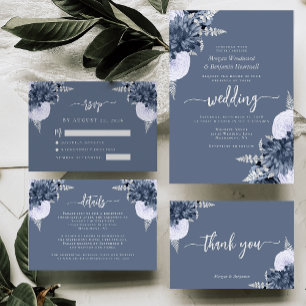 Dusty Blue Silver Floral Script Wedding Bedankkaart