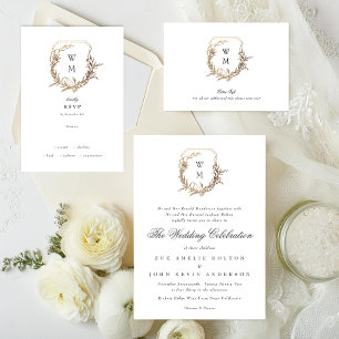 Invitation En Aluminium classique noir monogrammé mariage or crête