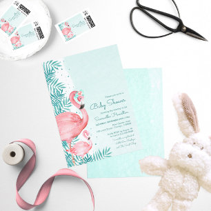 Flamingo & Palm Leaves Blauwgroen Waterverf Baby s Kaart