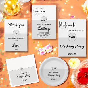 Invitation Elégant Chic noir et blanc gris 20e anniversaire