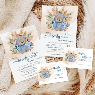 Invitation Garçon ours en peluche pampas herbe fleurs bleues 