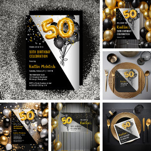 Invitations En Acrylique Ballons élégants Noir   Gold 50th Birthday Party
