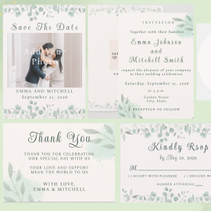 Invitation Mariage Minimaliste Botanique Vert Sauge