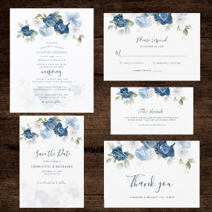 Dusty Blue Floral Script Botanische bruiloft Save The Date