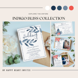 Invitation Indigo Bliss Watercolor Leaf Branch Photo Mariage