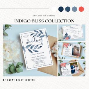 Invitation Indigo Bliss Watercolor Leaf Branch Photo Mariage