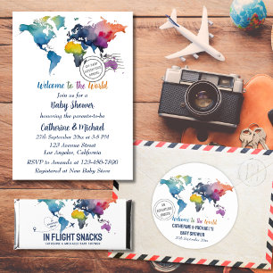 Sticker Rond Adventure Await World Map Baby shower de voyage