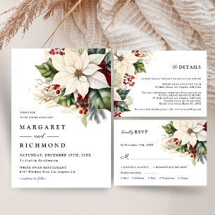 Carte D'accompagnement White Poinsettia Red Berries Winter Wedding Détail