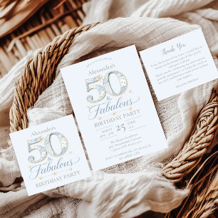 Invitation Bleu Poussiéreux Élégant 50 & Fantastique Annivers